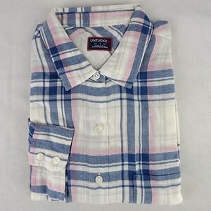 Untuckit Womens De Toren 6 Pink Blue Plaid Long Sleeve Button Up Shirt Soft NWT
